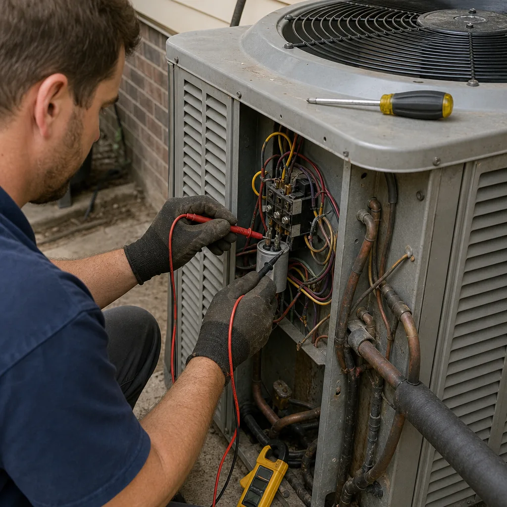 HVAC technician testing an air conditioner run capacitor with a multimeter
