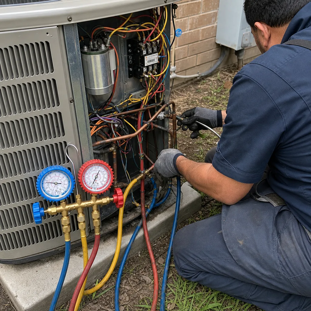 HVAC technician performing professional air conditioning installation and maintenance on outdoor unit