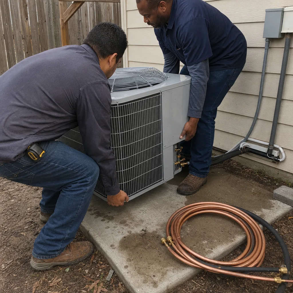 Two HVAC technicians performing a professional AC installation outdoors.