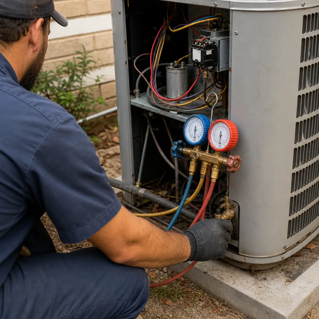 HVAC technician performing professional air conditioning repair and maintenance