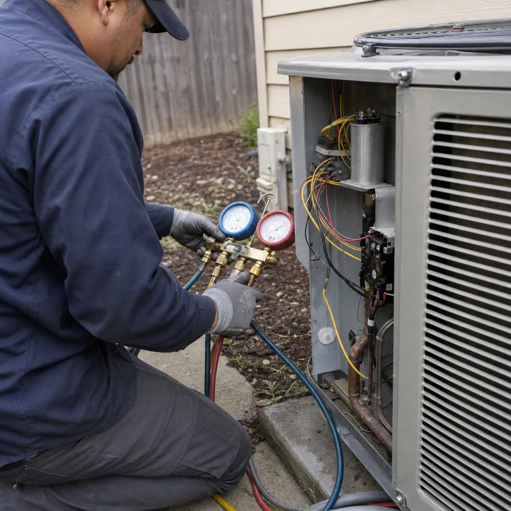 HVAC technician performing professional AC repair on an outdoor condenser unit