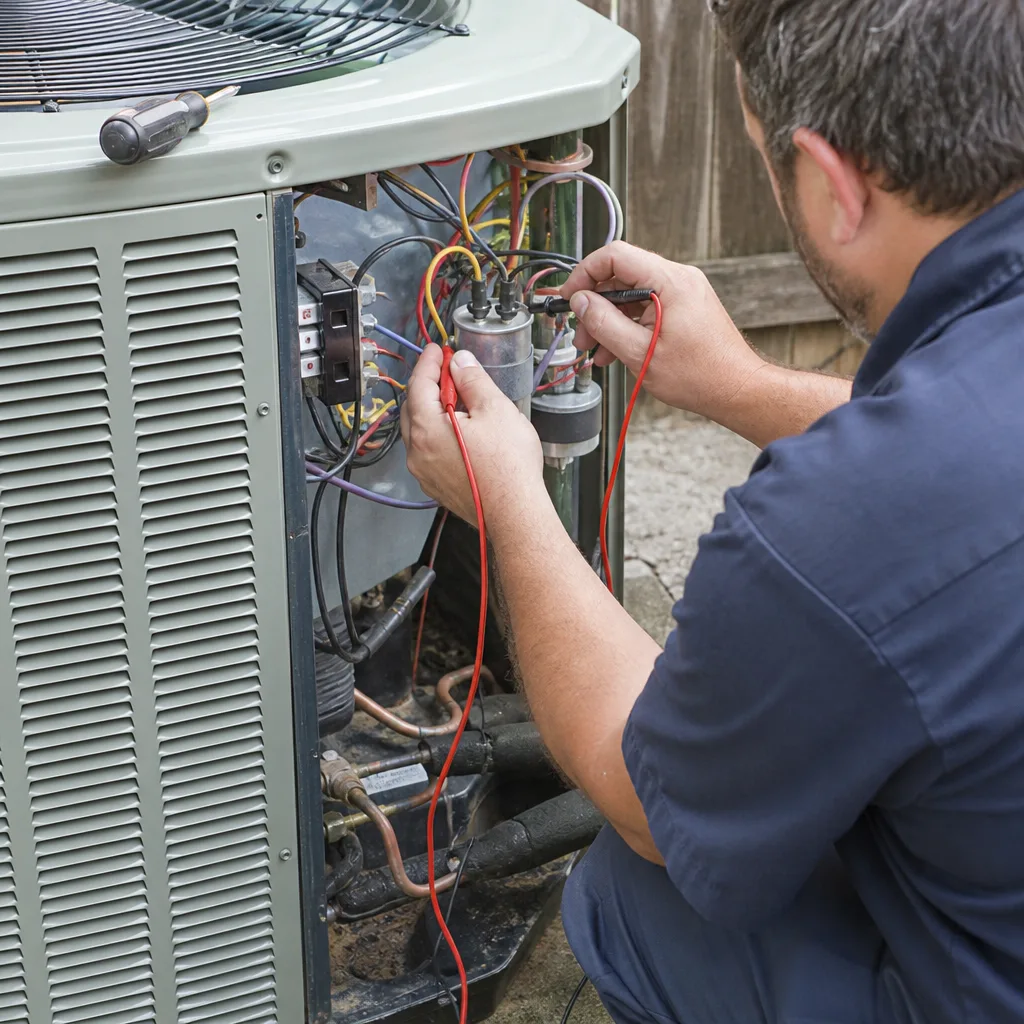 HVAC technician testing an air conditioner capacitor with a multimeter
