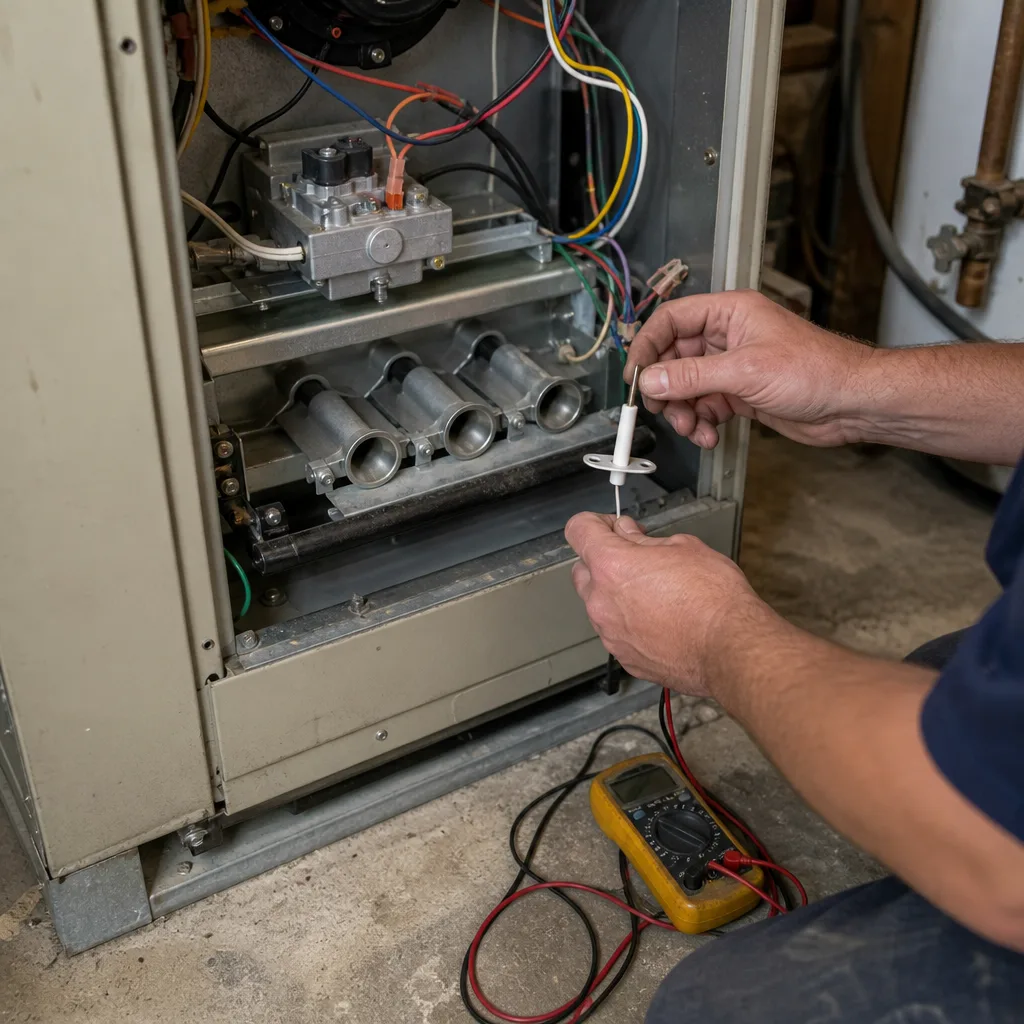 HVAC technician testing furnace flame sensor with a multimeter