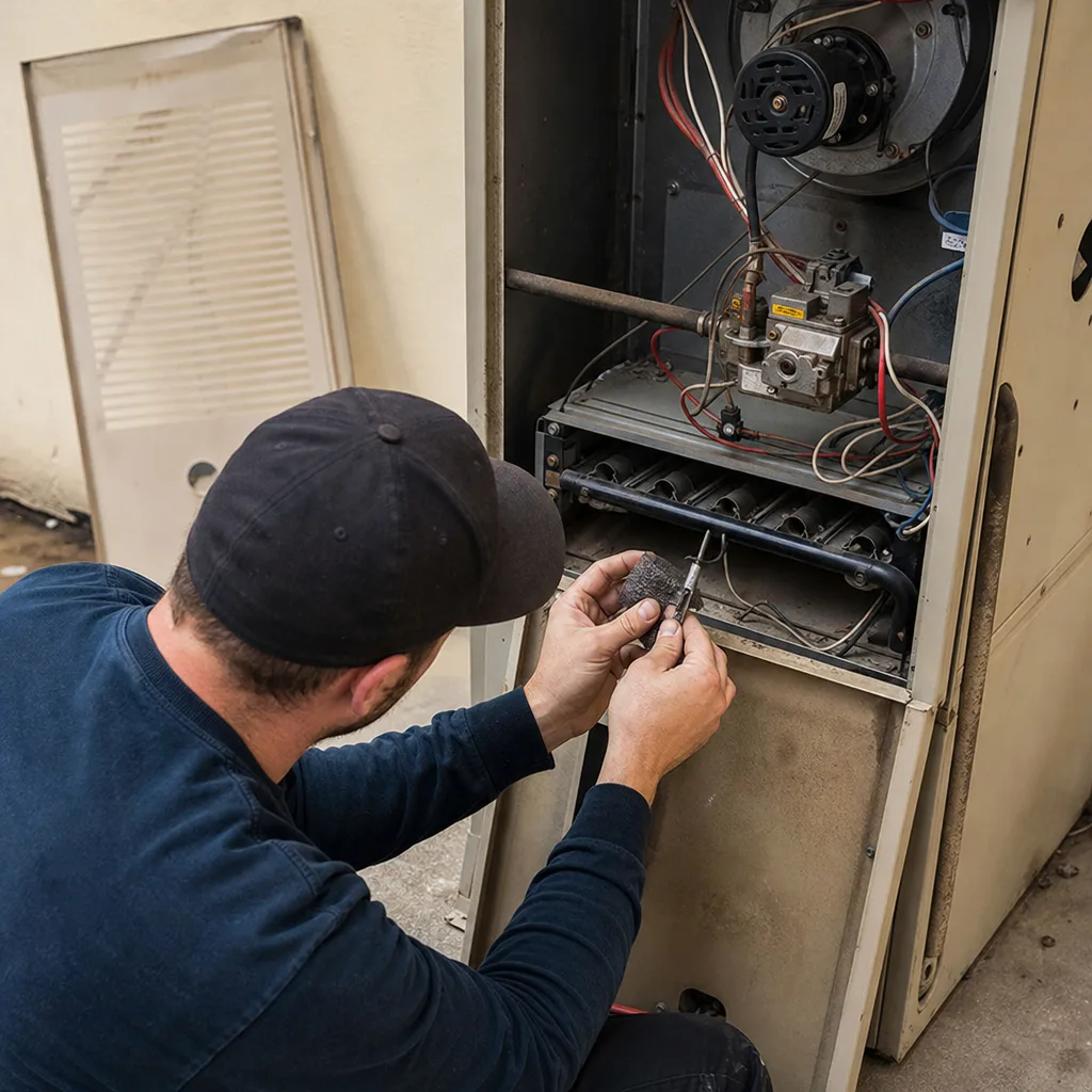 HVAC technician performing professional furnace maintenance and repair