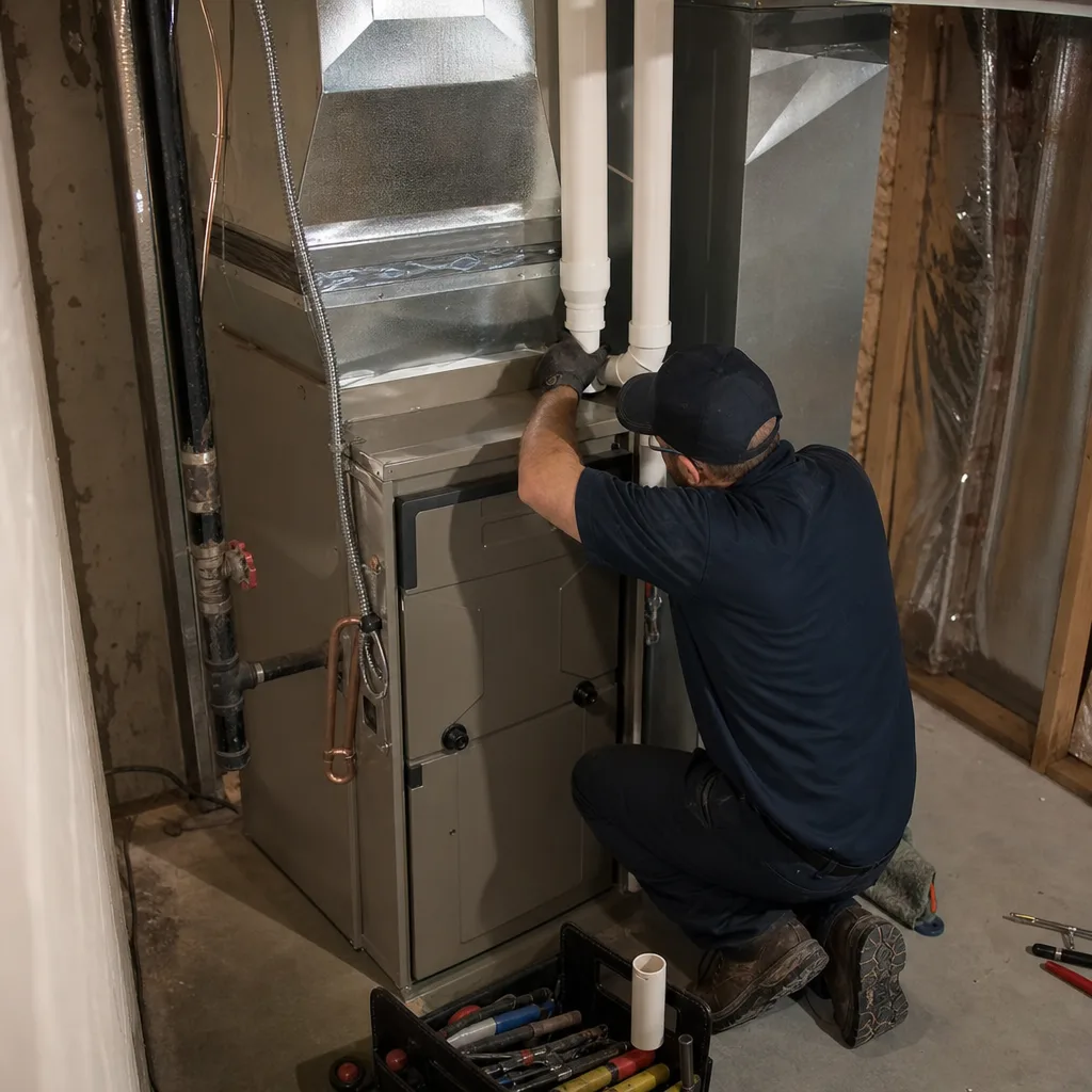 HVAC technician performing professional furnace repair and maintenance on home heating system